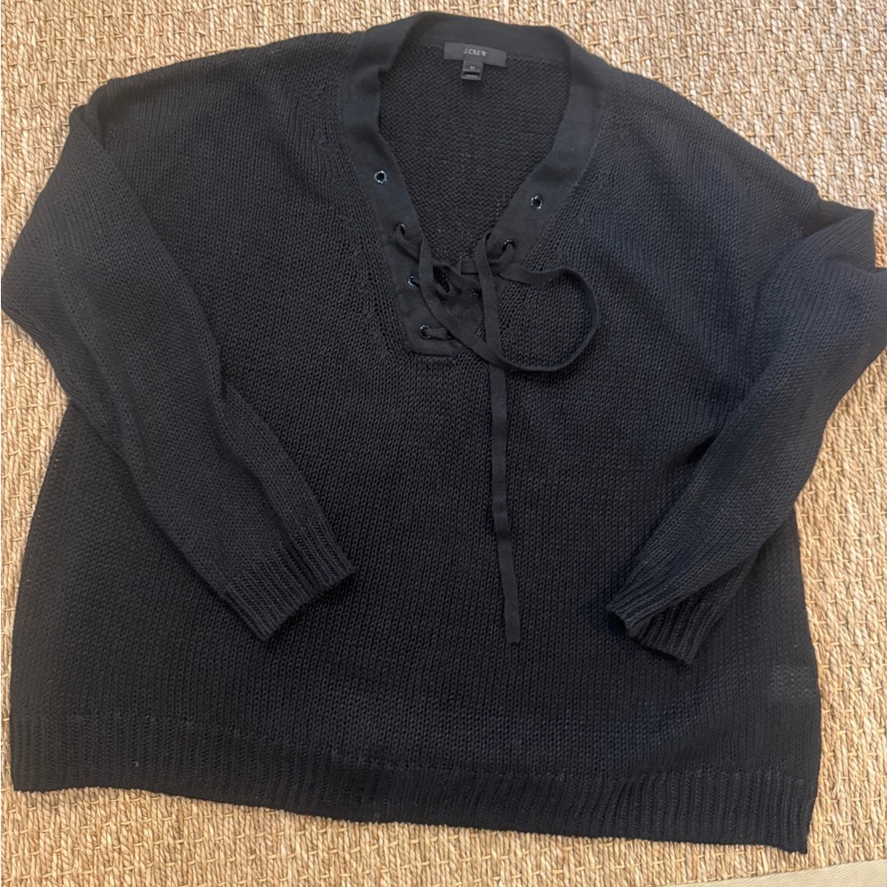 J Crew black linen tie neck sweater